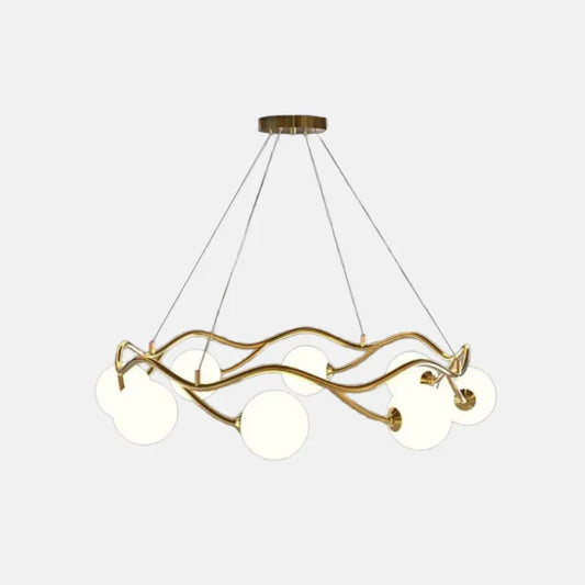 Modern Gold Pendant Light Metal Glass Round Wave Living Room