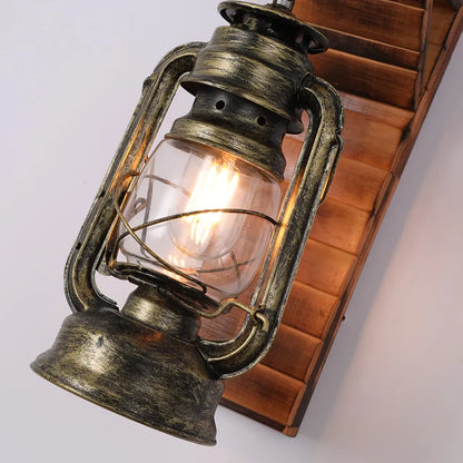 Vintage Burlywood Wall Lamp Wood Metal Lantern Bedroom