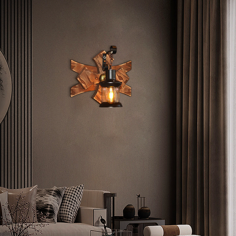 Industrial Brown Wall Lamp Metal Wood Candle Lantern  Living Room