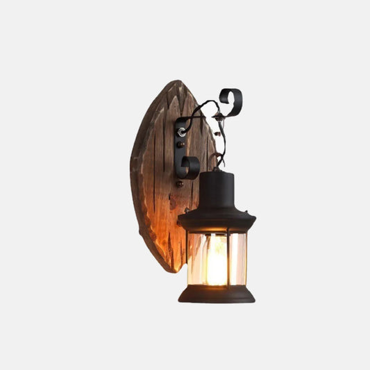 Industrial Black Wall Lamp Metal Wooden Lantern Dining Room