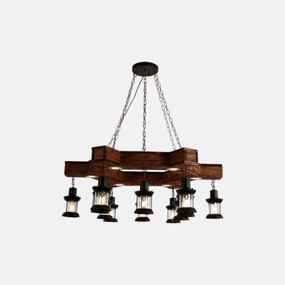 Vintage Black Pendant Light Wooden Polygon Natural Wood Dining Room