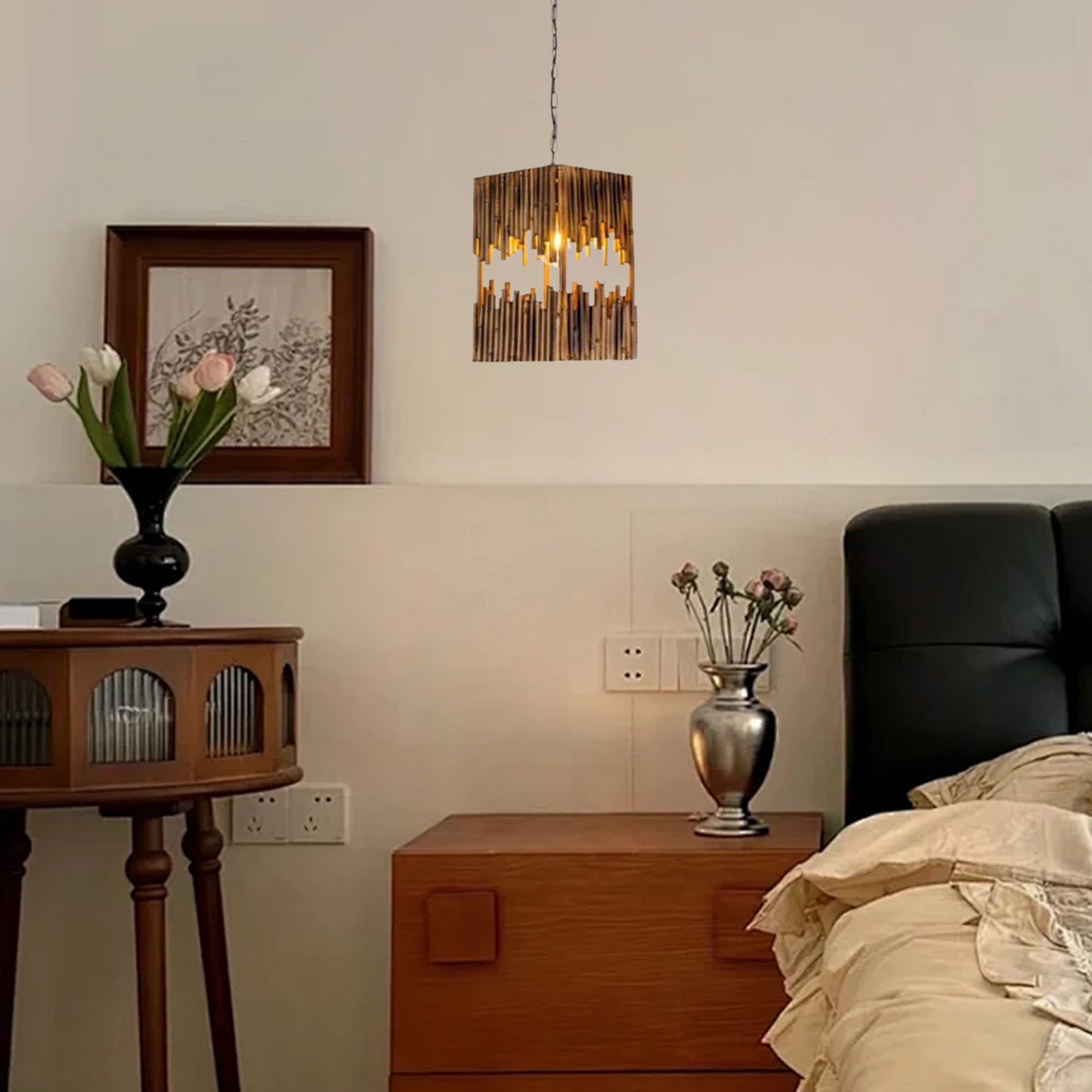 Vintage Wood Pendant Light Metal Wood Rectangular Dining Room