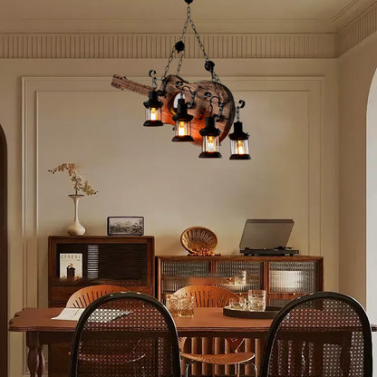 Vintage Black Pendant Light Metal Wooden Uneven Burlywood Dining Room