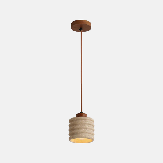 Industrial Yellow Pendant Light Travertine Wood Living Room