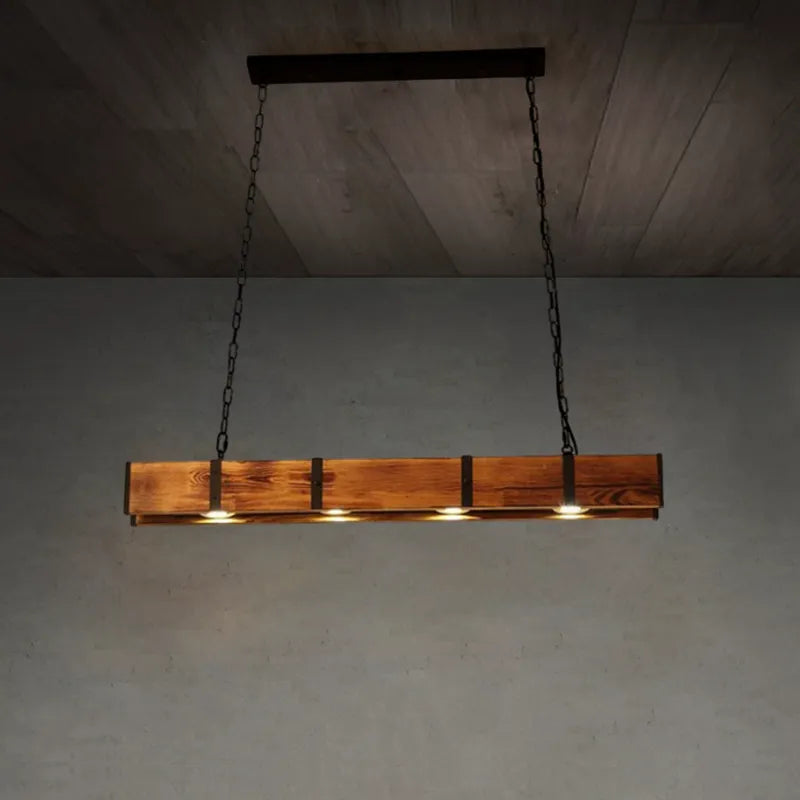 Retro Wood Pendant Light Metal Wood Strip Dining Room