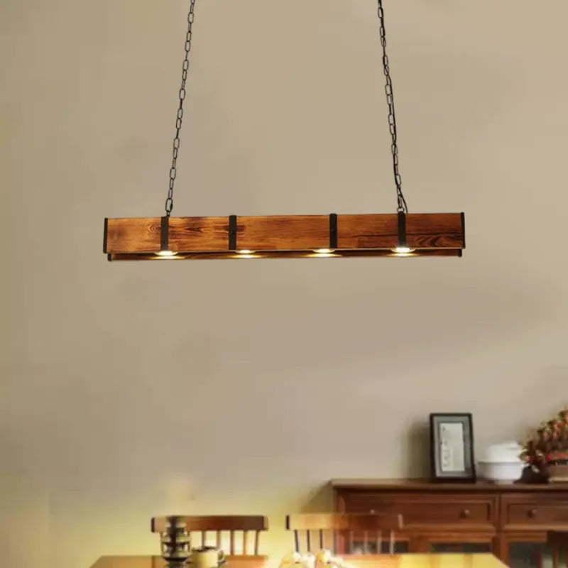 Retro Wood Pendant Light Metal Wood Strip Dining Room