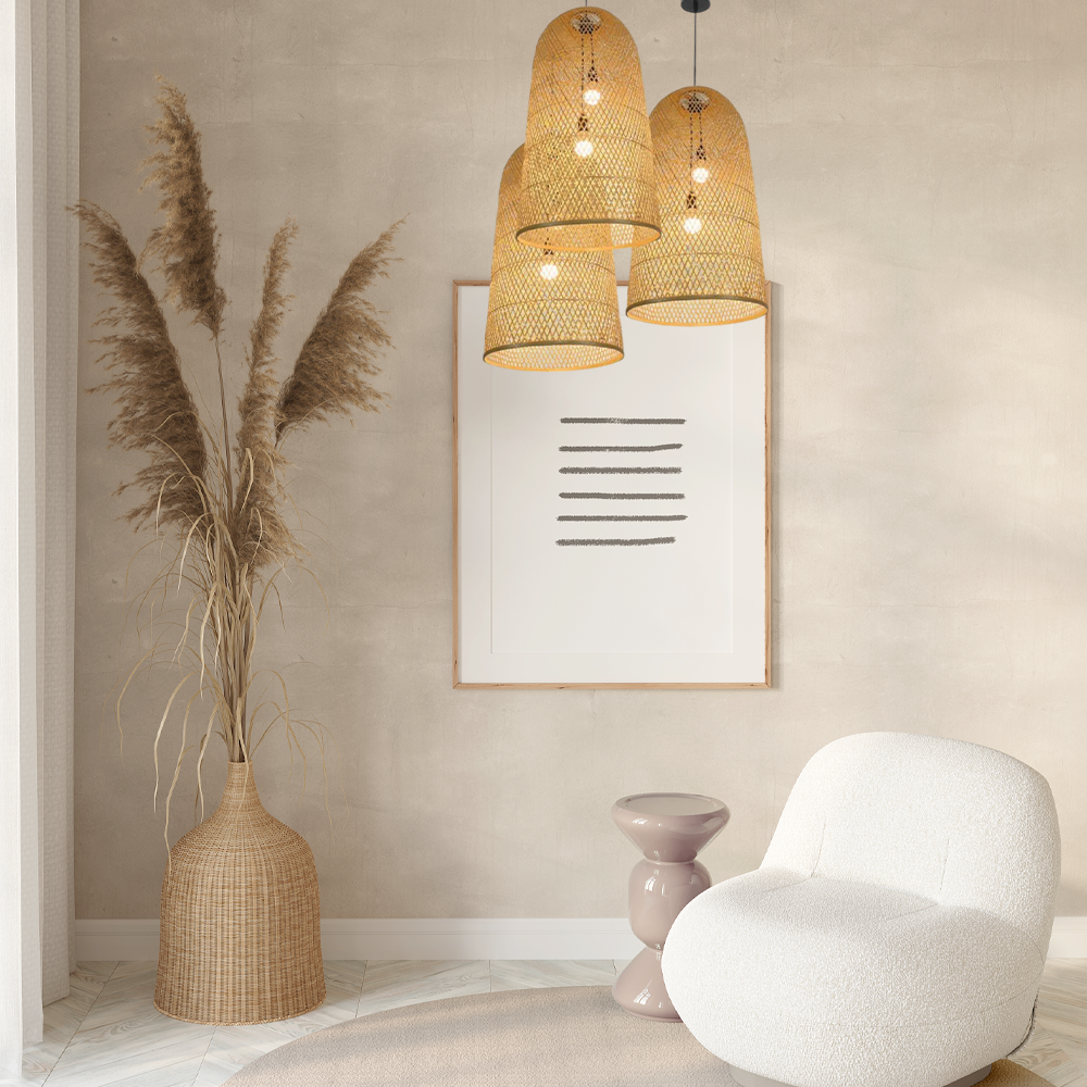 Farmhouse Wood Pendant Light Bamboo Hooded Living Room