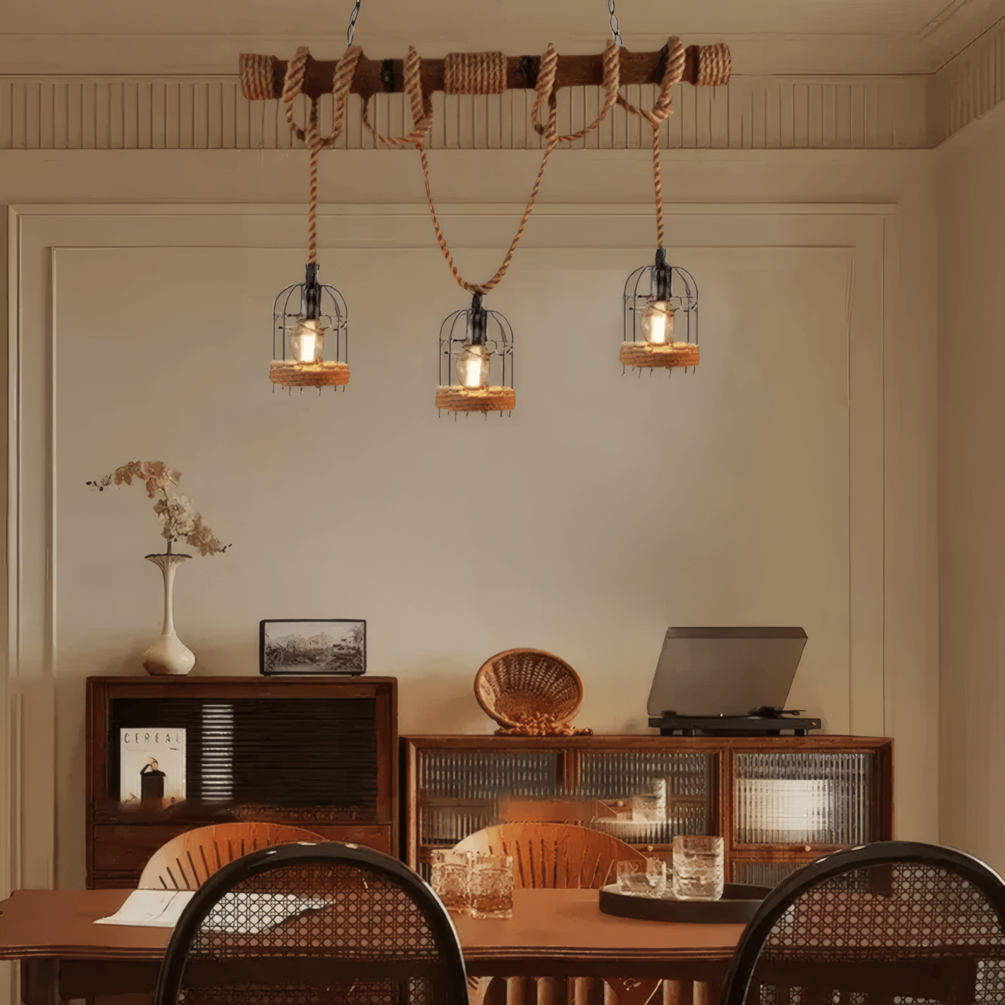 Vintage Brown Pendant Light Wood Metal Dining Room