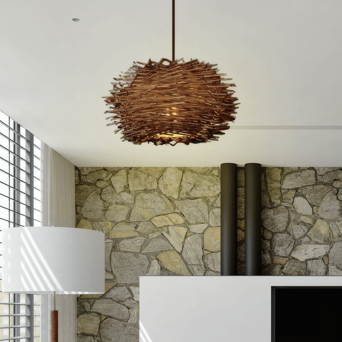 Modern Brown Pendant Light Rattan Globular Living Room