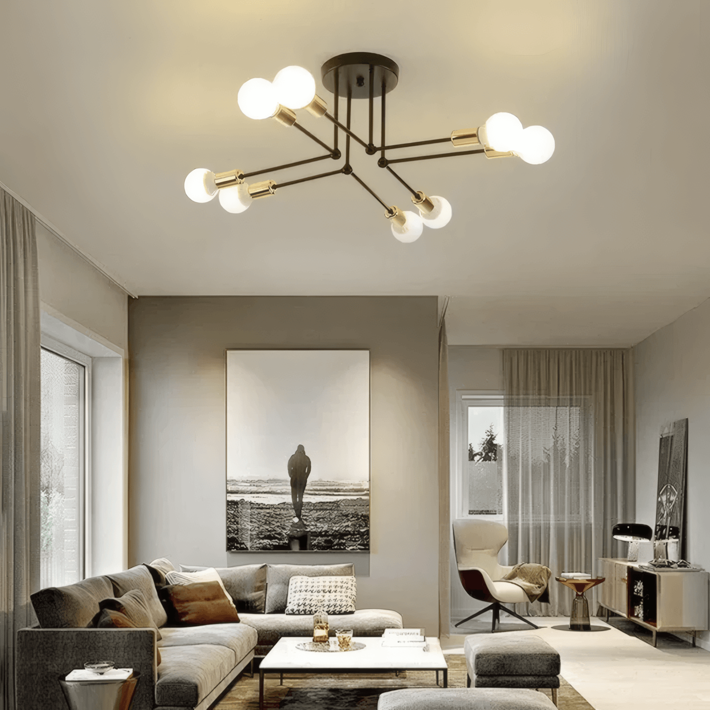 Minimalist Black-Gold Ceiling Light Living Room 8-Head