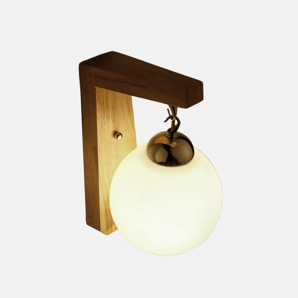 Retro Beige Wall Lamp Wood Metal Glass Globular Bedroom