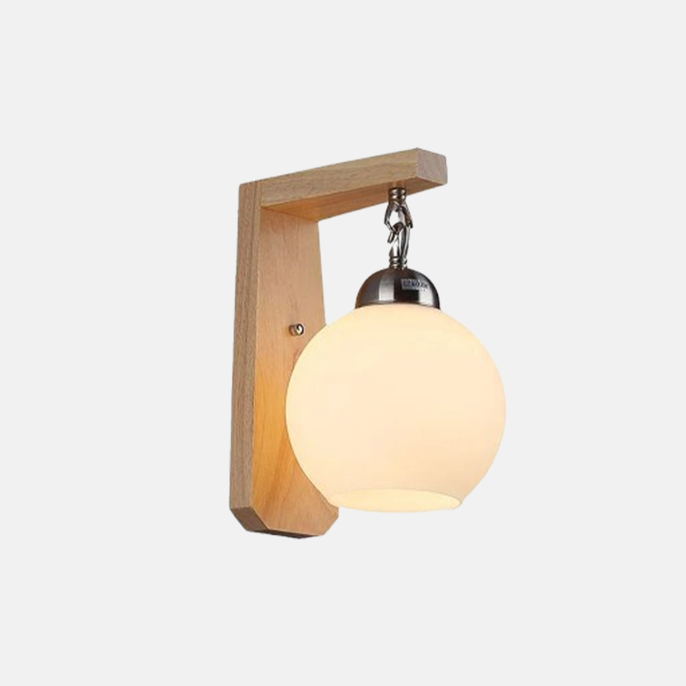 Retro Beige Wall Lamp Wood Metal Glass Globular Bedroom