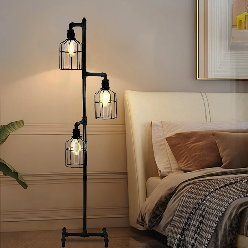 Industrial Black Floor Lamp Metal Bird Cage Living Room