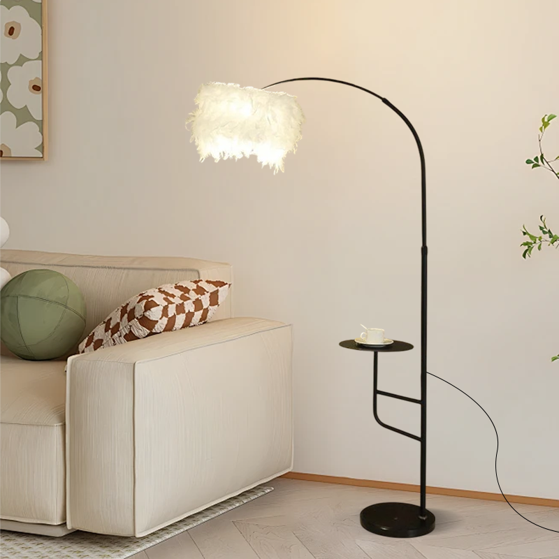 Art Deco Feather Floor Lamp with Shelf in Modern Living Room