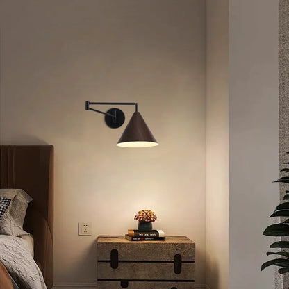 Modern Brown Wood Wall Lamp Metal Hooded Bedroom