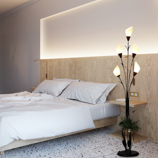 Art Deco Black Flower Floor Lamp in Modern Bedroom