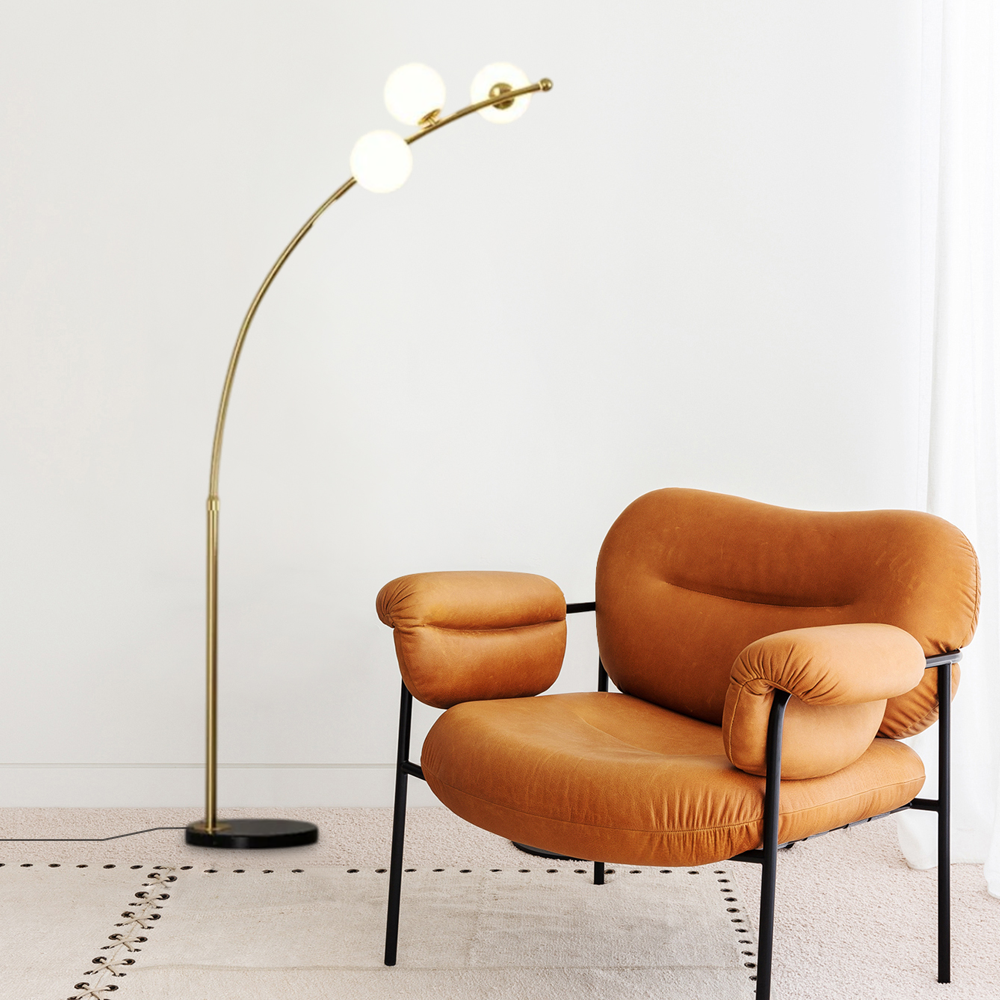 Minimalist Gold Arc 3 Spherical Bulbs Floor Lamp Living Room Corner