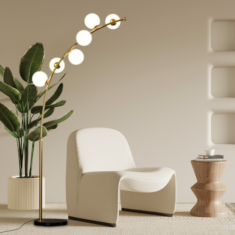 Minimalist Gold Arc 6 Spherical Bulbs Floor Lamp Living Room Corner