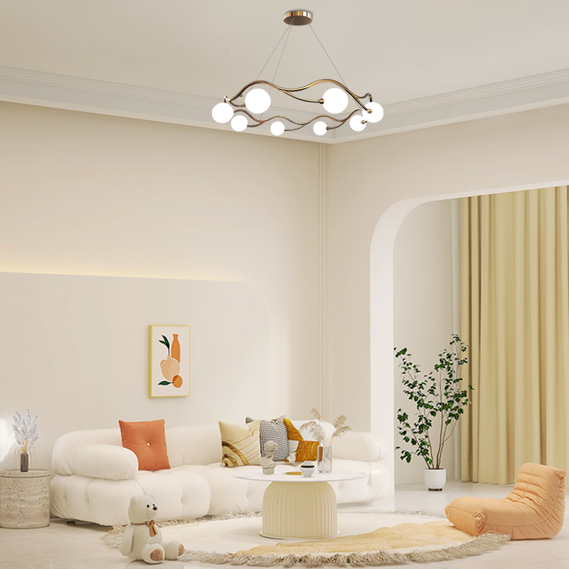 Modern Gold Pendant Light Metal Glass Round Wave Living Room