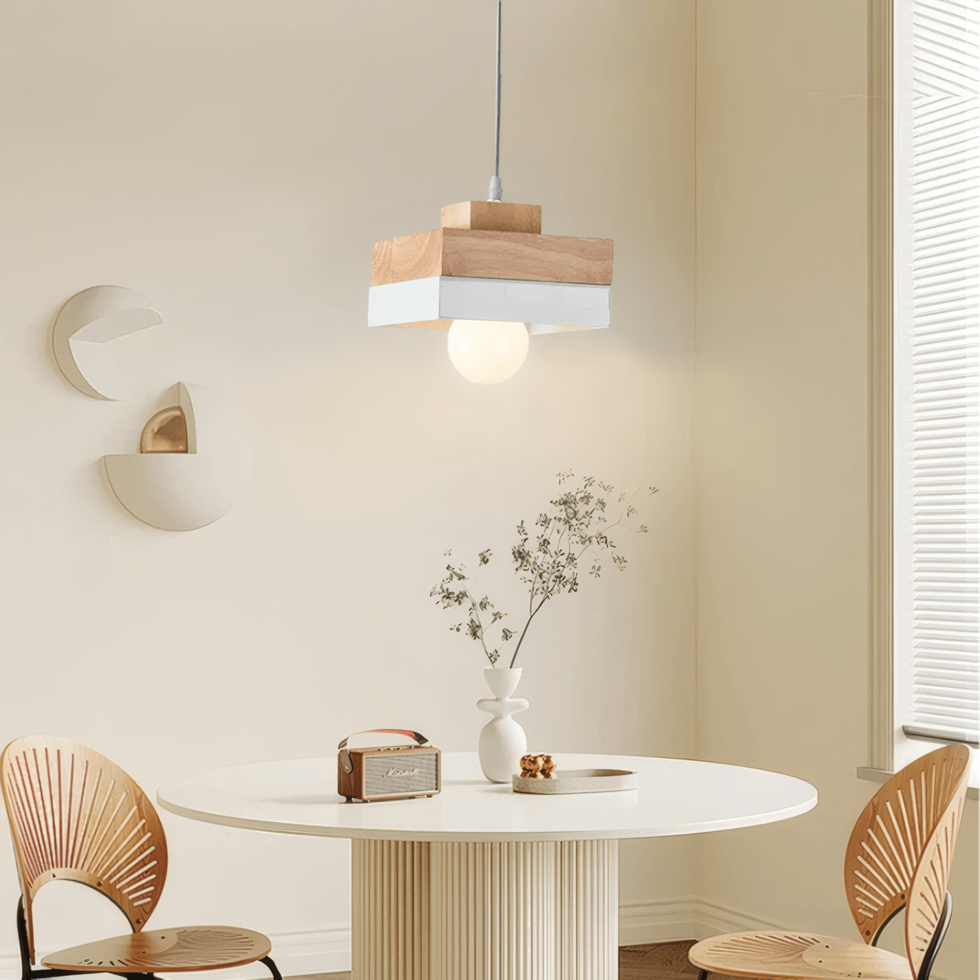 Modern Black/White Pendant Light Metal Wood Square Round Living Room