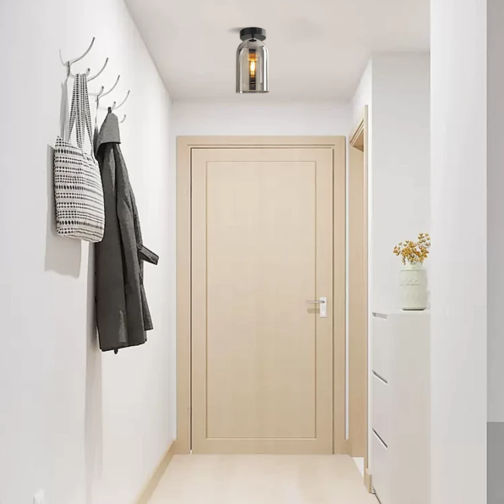 Modern Cylinder Semi-Flush Mount Clear Glass Ceiling Light, Cognac/Grey