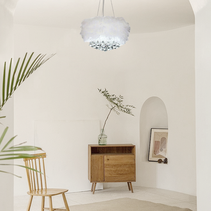 Modern White Pendant Light Metal Crystal Round  Dining Room