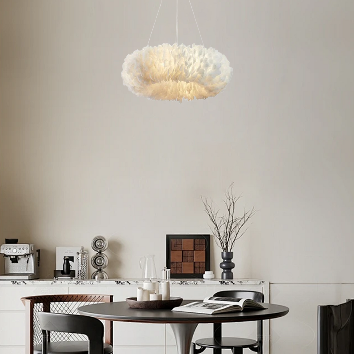 Art Deco White Pendant Light Feather Metal Ring Dining Room