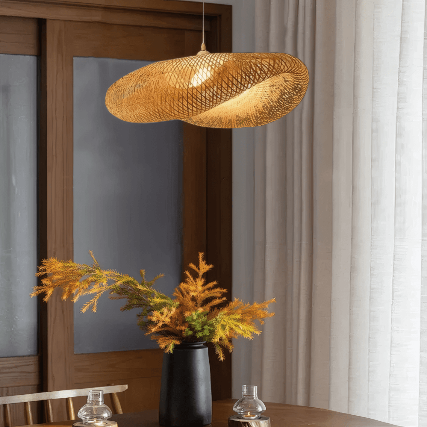 Natural Woven Pendant Light in Indoor Dining Area