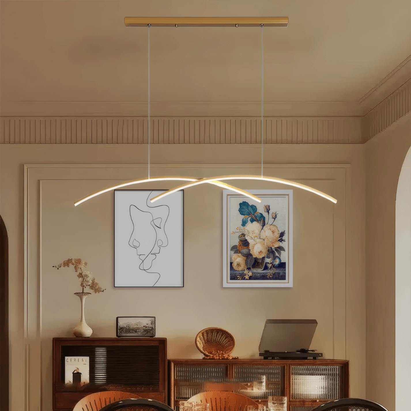 Minimalist Black/Gold Pendant Light Metal Double Curve Dining Room